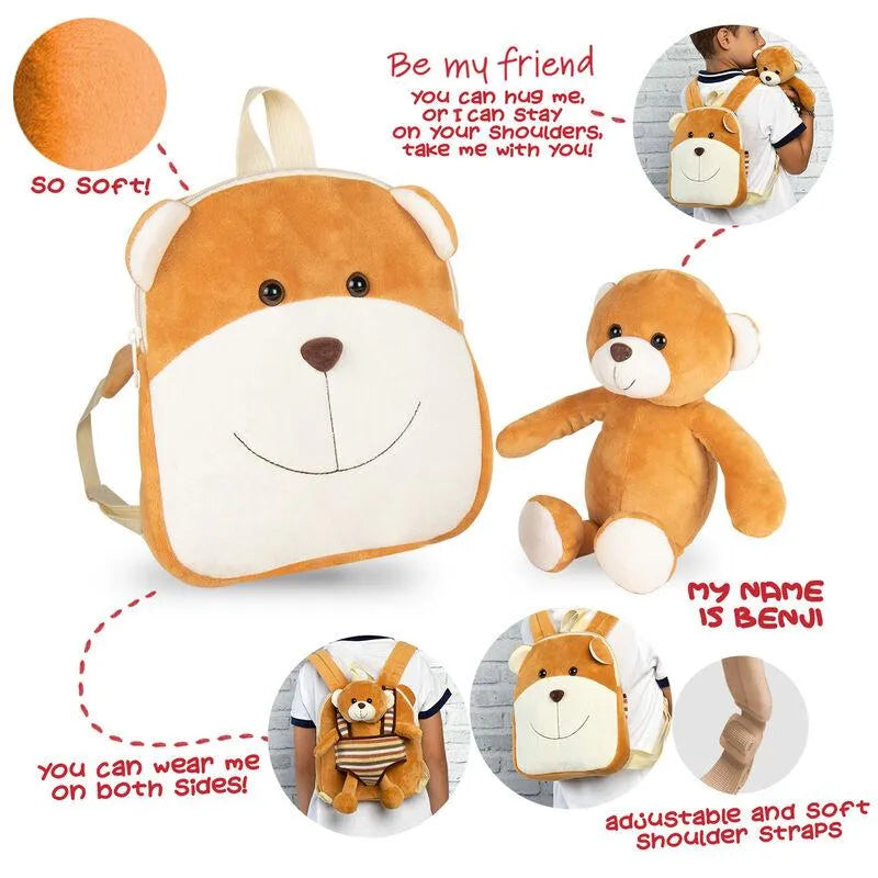 Benji Bear Kids Preschool reversible Backpack with plush toy 25cm - Perletti - Ginga Toys